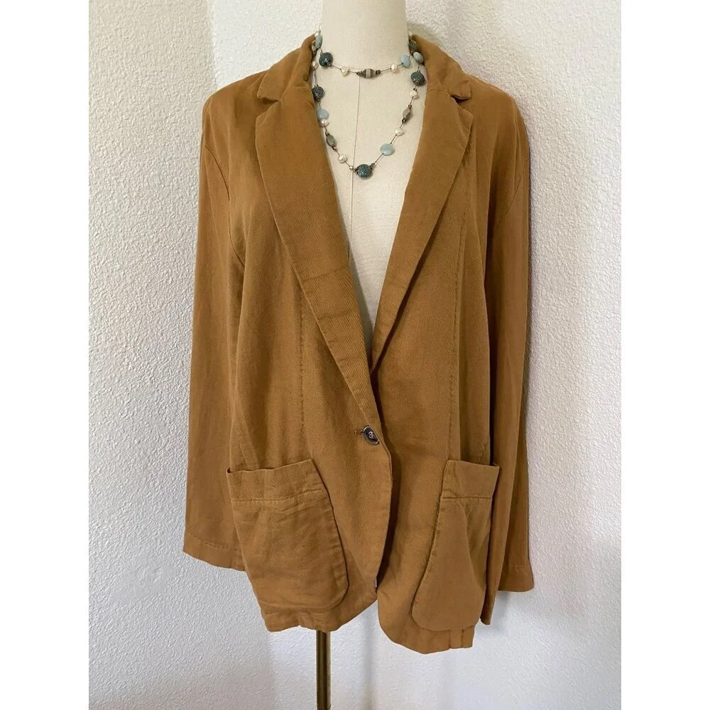 Free People Tan Brown Linen Cotton Oversized Blazer Jacket X-Small Preppy - Picture 2 of 15
